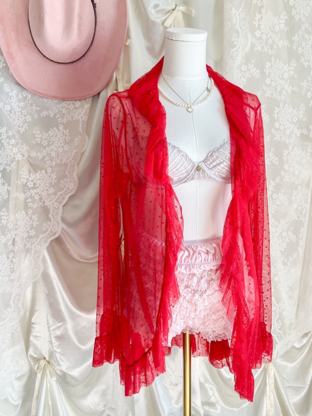 Sheer Red Polka Dot Ruffle Mesh Duster Cardigan - Picture 3 of 5